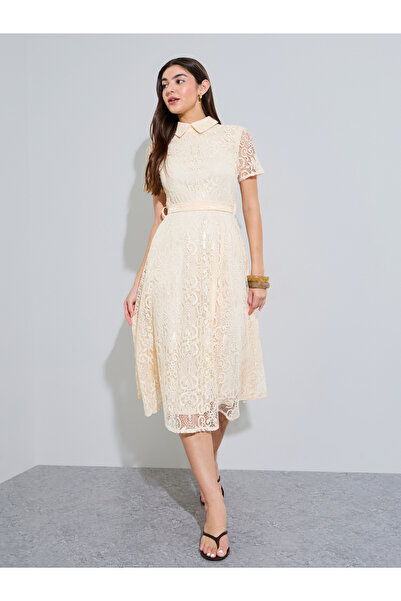 Styli Cream Lace A-Line Midi Dress With Tie-Belt