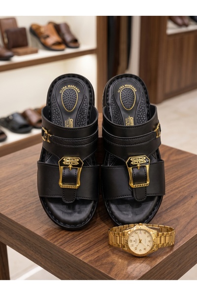 Chyfly Men Arabic Naal Sandals Gold Double Buckle PU Leather Ultra Massage Fo...