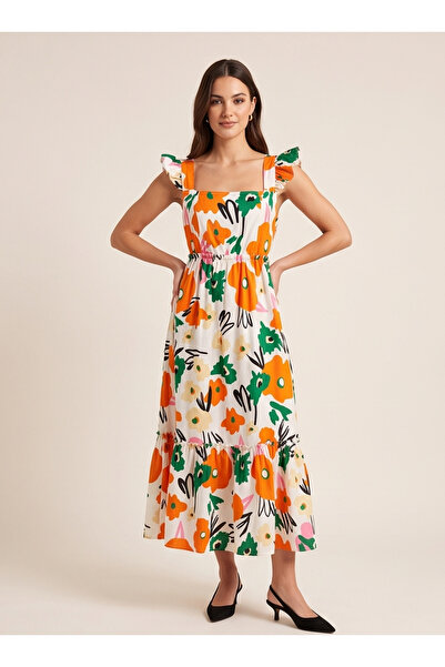 gökçesu Women's Floral Patterned Square Neck Ruffle Strap Elastic Waist Casua...