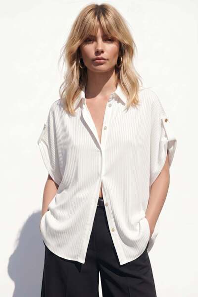 Sateen Striped Casual Short Sleeve Shirt - Ecru