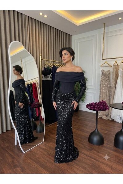 ranin Black Off Shoulder Sequin Embellished Evening Dress Elegant Straight Cu...