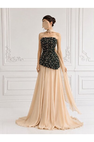 ranin Champagne and Black Evening Gown with Beaded Bodice and Champagne Chiff...