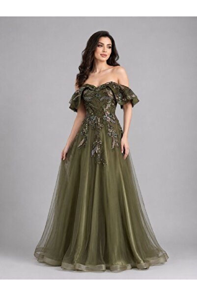 ranin Olive Evening Dress with Embroidered Bodice and Double Layered Tulle Skirt