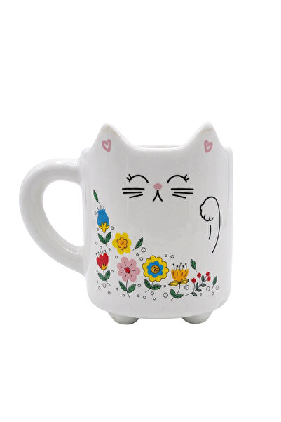 PALTO TASARIM Miyav 19 Handmade 3D Cream Glossy Mug - Handmade Ceramic Mug