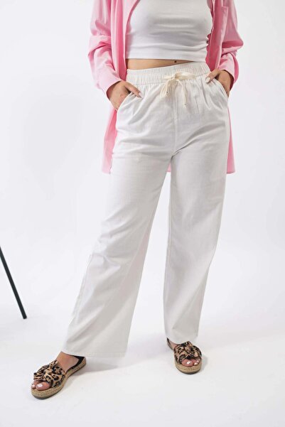 Mauri Pantaloni albi din in cu croială largă - L/XL