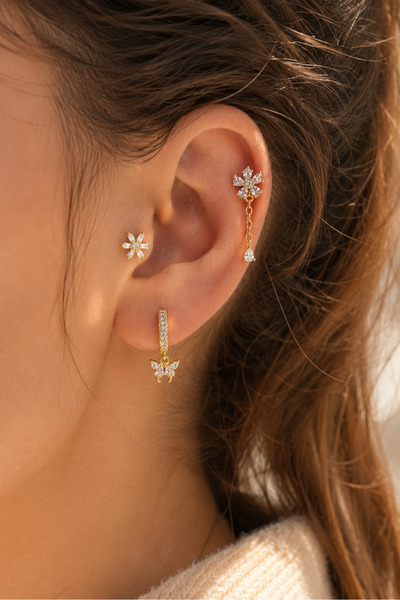 Sacce Scarves&Accessories Bahar Esintisi 3'lü Piercing Seti Gold Kelebek Halk...