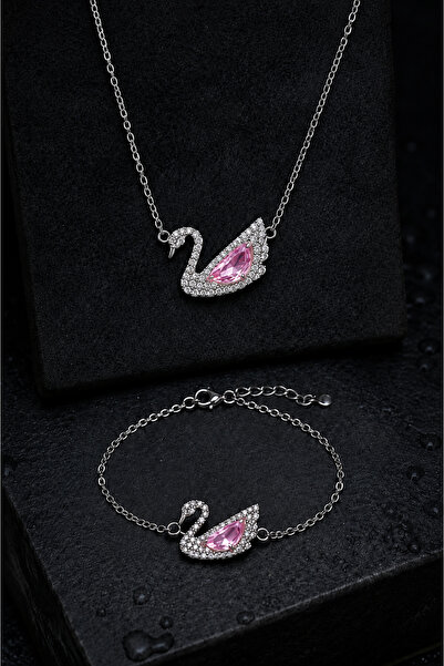 vogutima Kadın Gümüş Set - Swan Kuğu Model Pembe Zirkon Taş İşlemeli 925 Ayar...