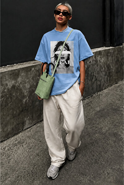 Madmext Baby Blue Oversize Printed Women's T-Shirt Mg1764