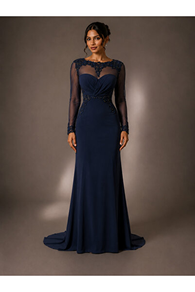 Queens dresses Turkish Evening Dress Dark Navy Blue Embroidered Evening Dress