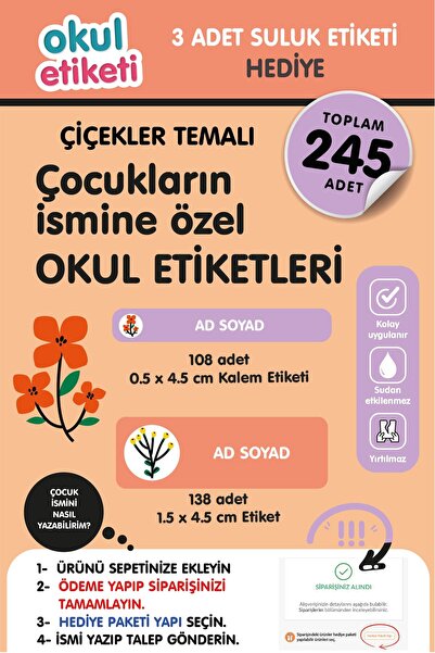 OKUL ETİKETİ BASKI OKUL ETİKETİ ÇİÇEKLER TEMALI MİDİ PAKET İSME ÖZEL OKUL ETİ...