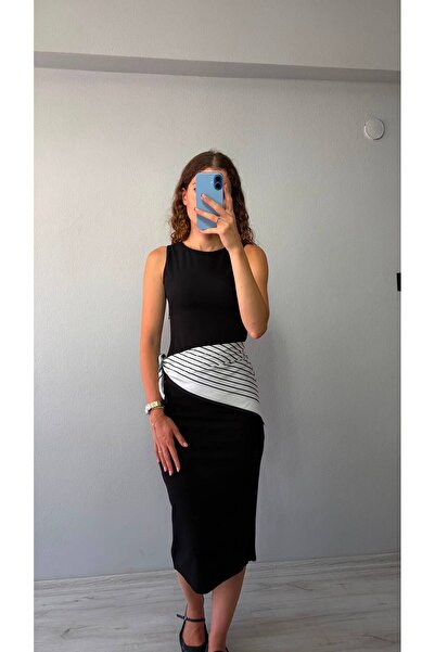 Niceboutique Sleeveless Midi Dress with Waist Scarf
