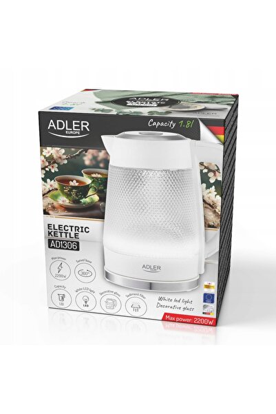 adler Fierbător electric din sticlă 2200W, transparent și alb, 1,8L AD1306