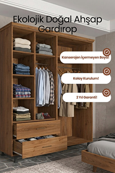 RENAZZO Softwood Masif Çam 4 Kapaklı Gardırop - 200 cm Yükseklik Doğal Ahşap ...