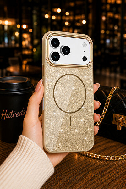Hatreds iPhone 17 Pro Max Uyumlu MagSafe Parlayan Simli Kılıf Gold