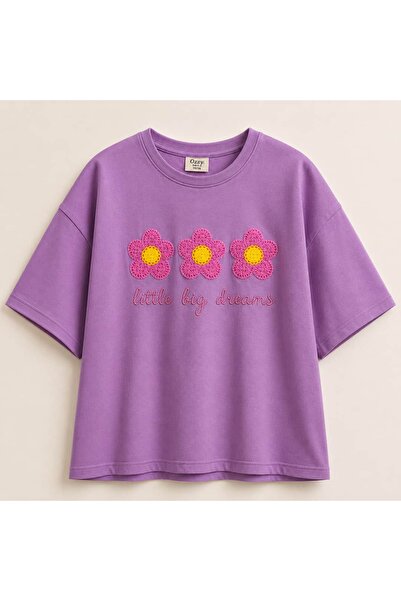 OZZY KİDS Girl's T-Shirt with Floral Embroidery on the Front