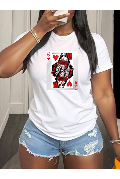 01THEONE Round Neck T-Shirt Women, Lightweight Fabric, Queen of Hearts Playin...