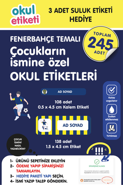 OKUL ETİKETİ TARAFTAR KANARYA TEMALI MİDİ PAKET İSME ÖZEL OKUL ETİKETİ / SULUK ETİKETİ HEDİYELİDİR STICKER TOPLAM 245 ADET