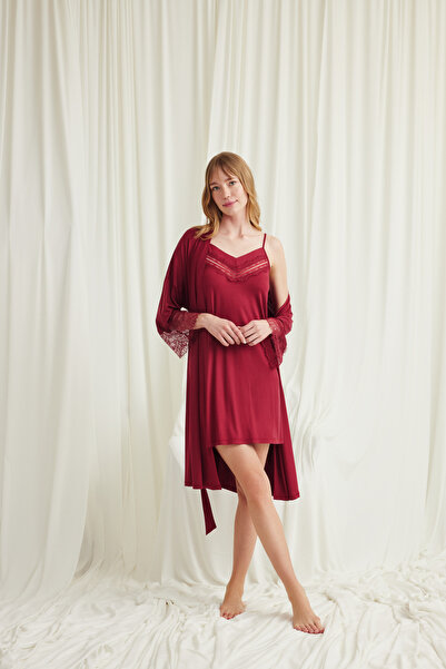 MONAMİSE Red Robe Nightgown Set, Women's Lace Viscose 2-Piece Nightgown Set, ...