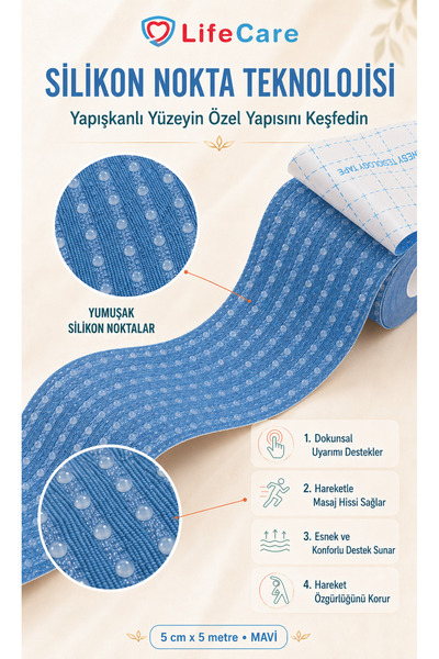 Life Care Kinesio Tape Nokta Masaj Akupunktur Etkili 5 Cm X 5 M Ağrı Bandı Mavi