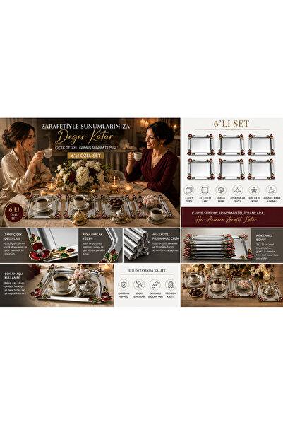 Turkco Luxury Floral Motif Silver Square Presentation Tray 22X22 cm Promise E...