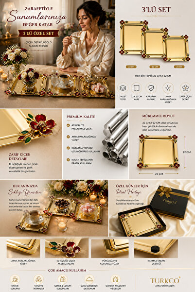 Turkco Luxury Floral Motif Gold Square Presentation Tray 22X22 cm Promise Eng...