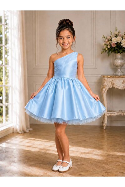 SUNEH Girl's Blue One-Shoulder Bow Detailed Short Satin Dress