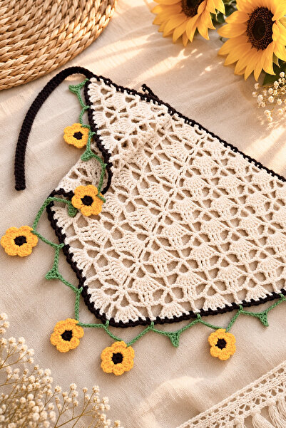 SUN BUTİK Cream Color Sunflower Motif Hand Knitted Bandana