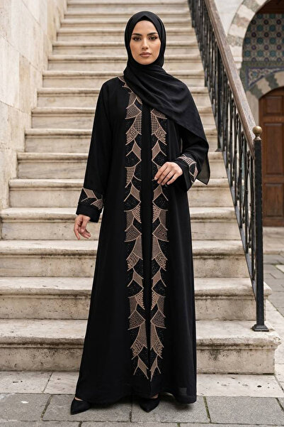 Neva Style Geometric Embroidery Detailed Belted Black Beige Hijab Ferace 2914...