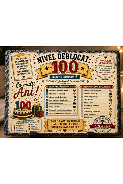hiperborea Ardezie Personalizată – „Nivel Deblocat 100” – Cadou Aniversar 100...