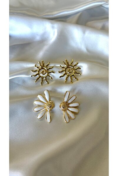 Eylülün Takısı Women's Gold Color Sun and Half Daisy Model Set of 2 Earrings