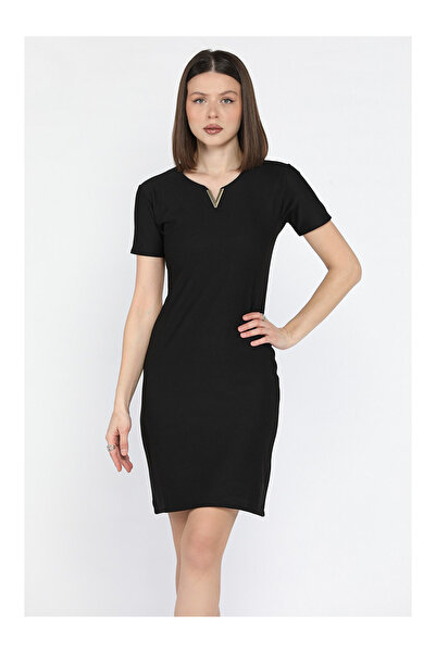 NECO GİYİM Beyaz Kadın Gümüş Toka Detaylı Likralı Elbise