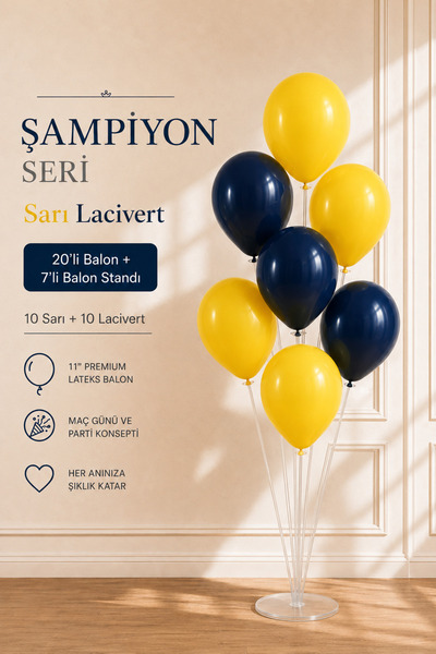Marlon Balon Champion Series Yellow Navy Blue 20-Piece Balloons + 70 cm 7-Pie...