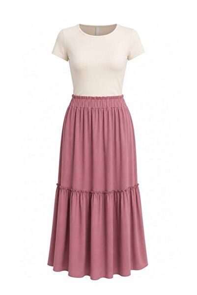 Eight Fashion Women's Dusty Rose Layered Long Viscose Maxi Skirt with Elastic...