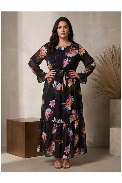 gökçesu Women's Plus Size Long Sleeve Lined Flowy Flounce Maxi Long Chiffon D...