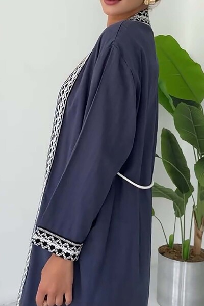 XXL BUTİK Ženski mornarsko plavi laneni kimono sa vezom i vezivanjem ESR230
