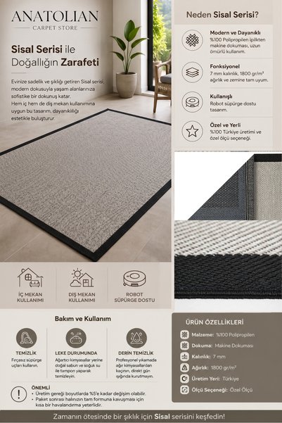 Anatolian Carpet Store Sisal Dokuma Hav Vermez, Leke Tutmaz, Robot Süpürgeye Uygun Modern Bej Siyah Halı