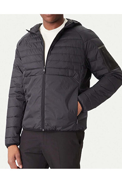 BOSS Men's Elastic Cuffs Zipper Closure Hooded Collar Navy Blue Coat