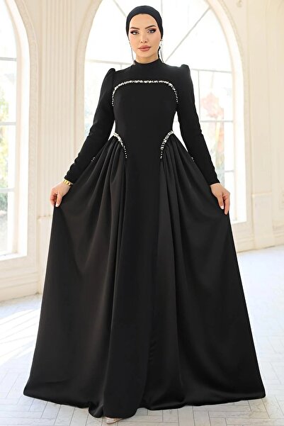 Aysan Moda İnci Detaylı Krep ve Saten Kombinli Kloş Tesettür Abiye Elbise