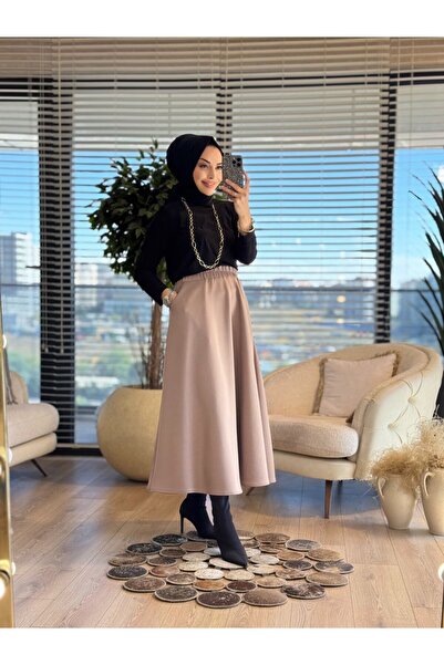 HEAWENİST 6264 Scuba Pocketed Flared Skirt Mink