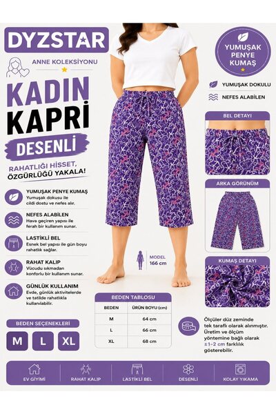 DYZSTAR Kadın Çiçek Desenli Kapri Mor Yumuşak Penye Rahat Kalıp Lastikli Bel ...