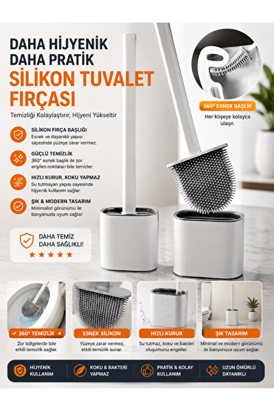 TUMU LIFE Beyaz Renk Silikon Banyo Tuvalet Klozet Temizleme Fırçası Ve Tutucu...