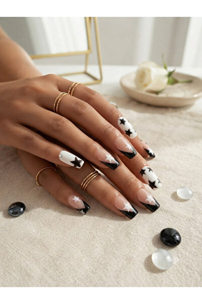 Shades On Nails Handmade Press-On Nails Set - Bold Black & White Y2K Stars an...