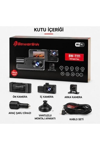 Midcom BW-T111 3 Kanal WiFi Araç Kamerası 2.0" IPS Ekran Ön 1280x720P + İç + Arka Kamera Gece Gör 64 GB Hafıza Kartı Hediyeli
