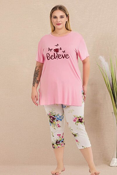 tarzımsüper Plus Size Elastic Waist Comfort Model Viscose Cotton Women's Capr...