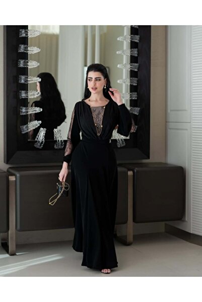 Ayaen Elegant Black Dress Featuring Delicate Lace Details on the Chest and Sl...