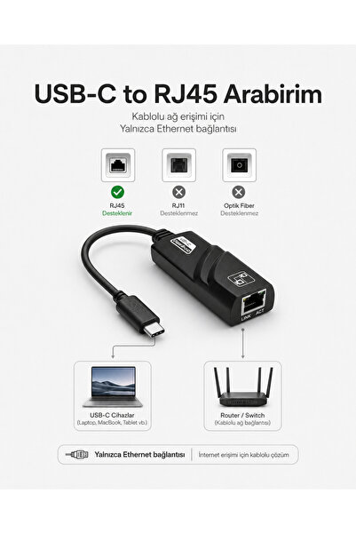 Derwell Type-C Gigabit Ethernet Dönüştürücü Adaptör 1000 Mbps RJ45 Lan İntern...