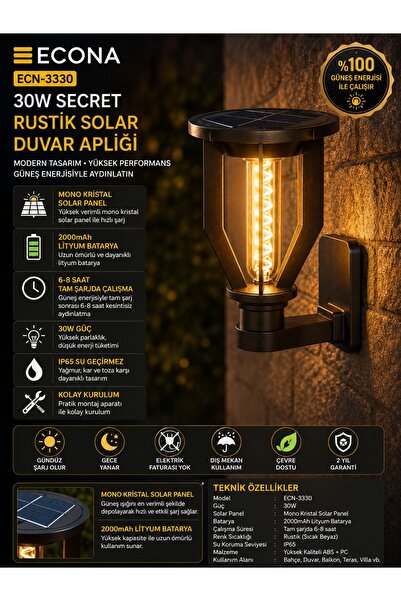 ECONA 30W RUSTİK Solar Bahçe Lambası,güneş enerjili Duvar bahçe lambası, sola...