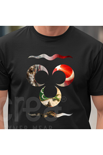 Crea Eymer Wear Osmanlı 3 Hilal Design - Printed Cotton Crew Neck T-Shirt Bla...