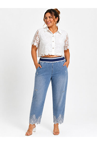 Trieste Plus Size Elastic Waist High Waist Stone Embroidered Women's Trousers
