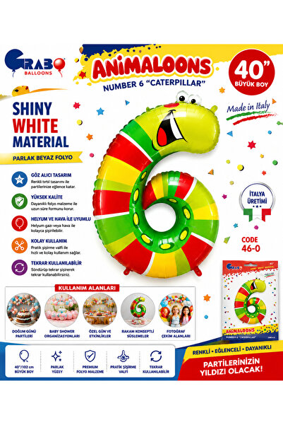 grabo Animaloons Rakam 6 Tırtıl Folyo Balon 102 cm (40 İnç)